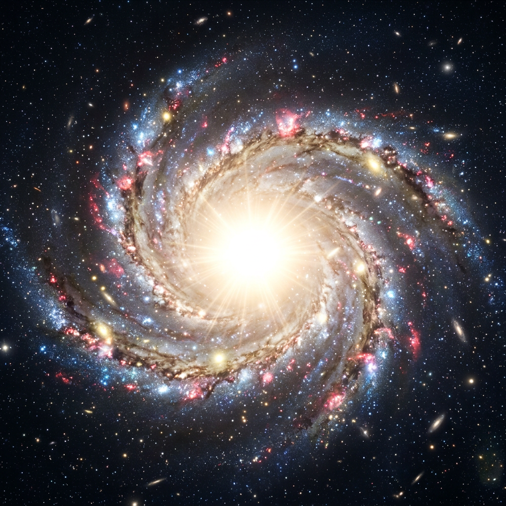 Bright spiral galaxy with glowing core, star clusters, and dust lanes