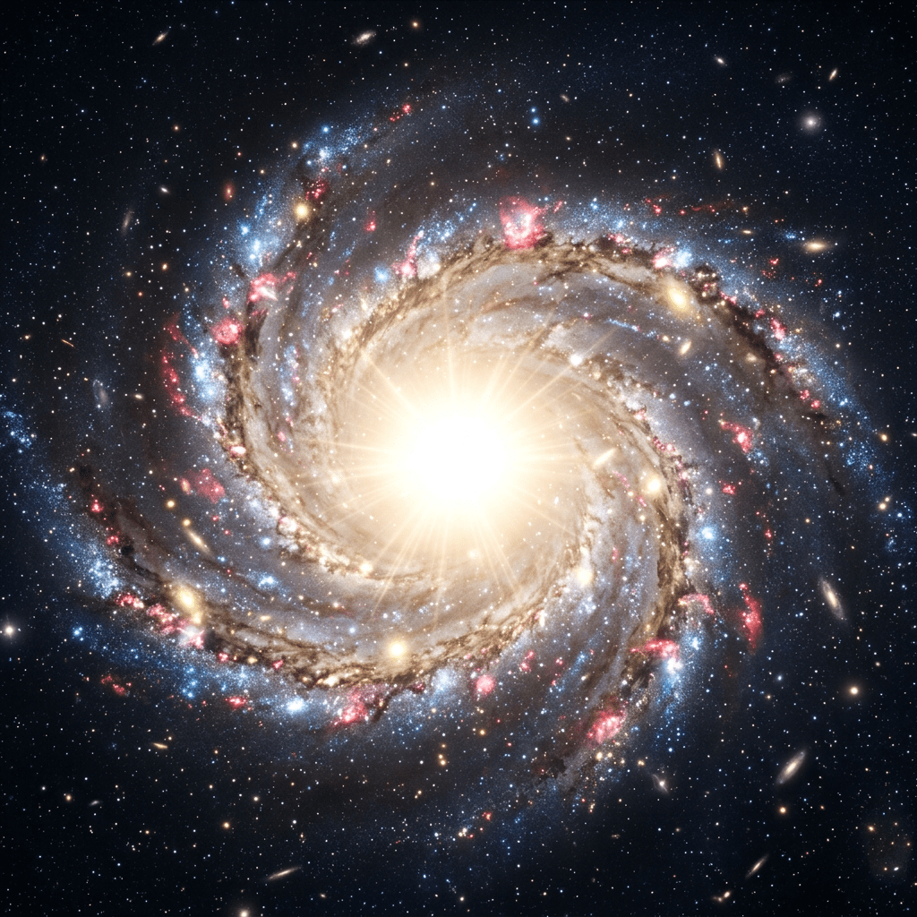 Bright spiral galaxy with glowing core, star clusters, and dust lanes