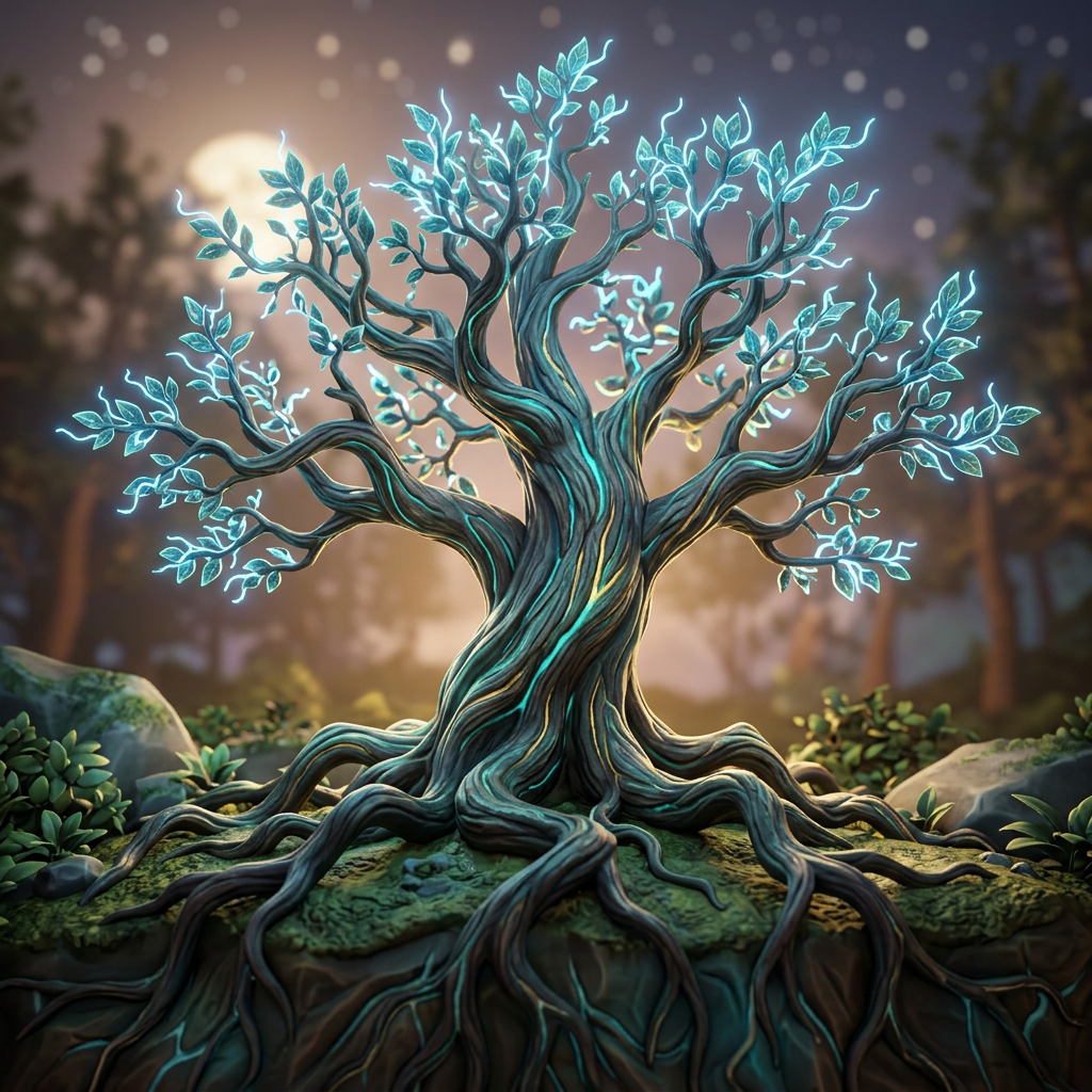 Ancient tree with glowing blue branches and exposed roots on mossy ground