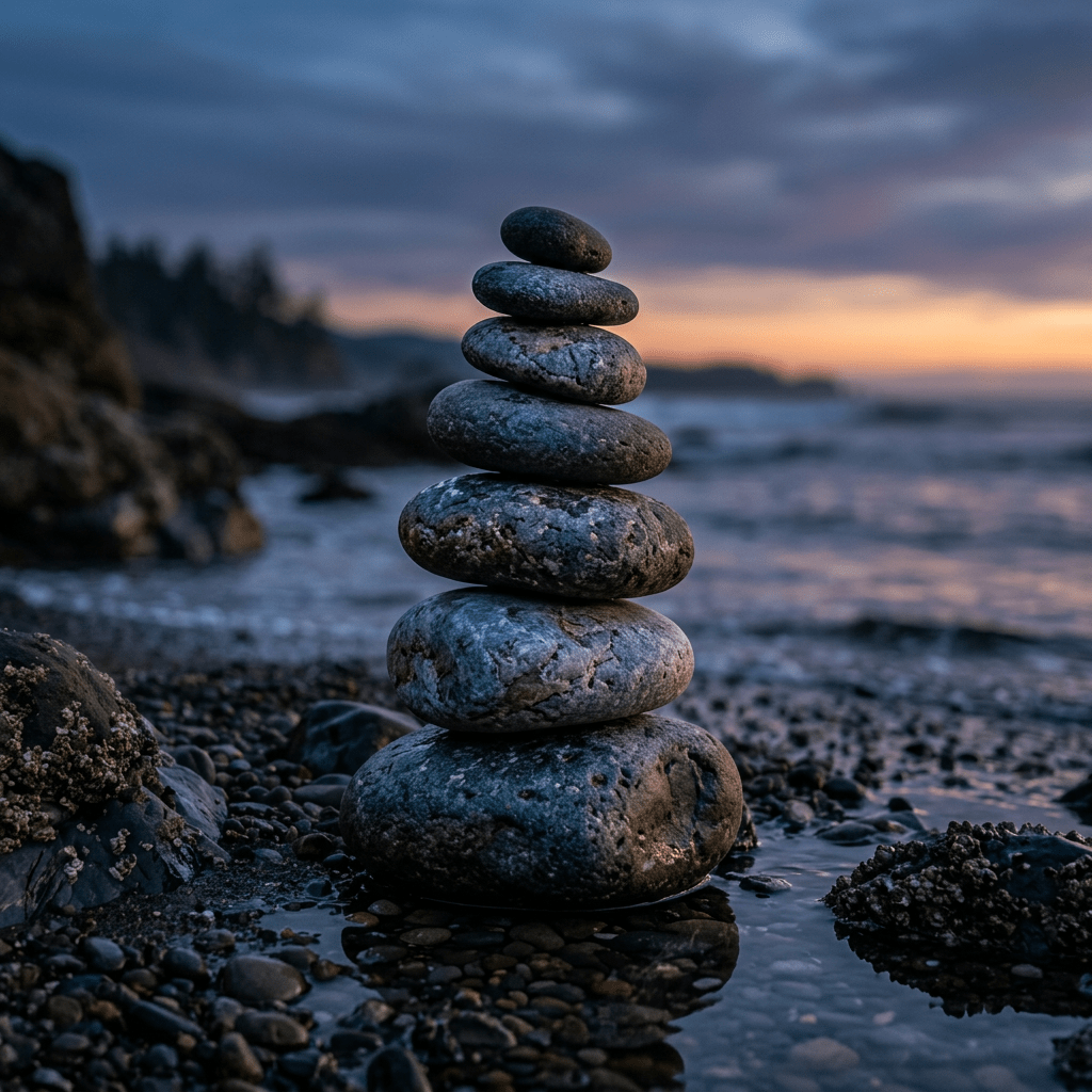 Stack of seven smooth stones glowing and balanced on a rocky beach at twilight