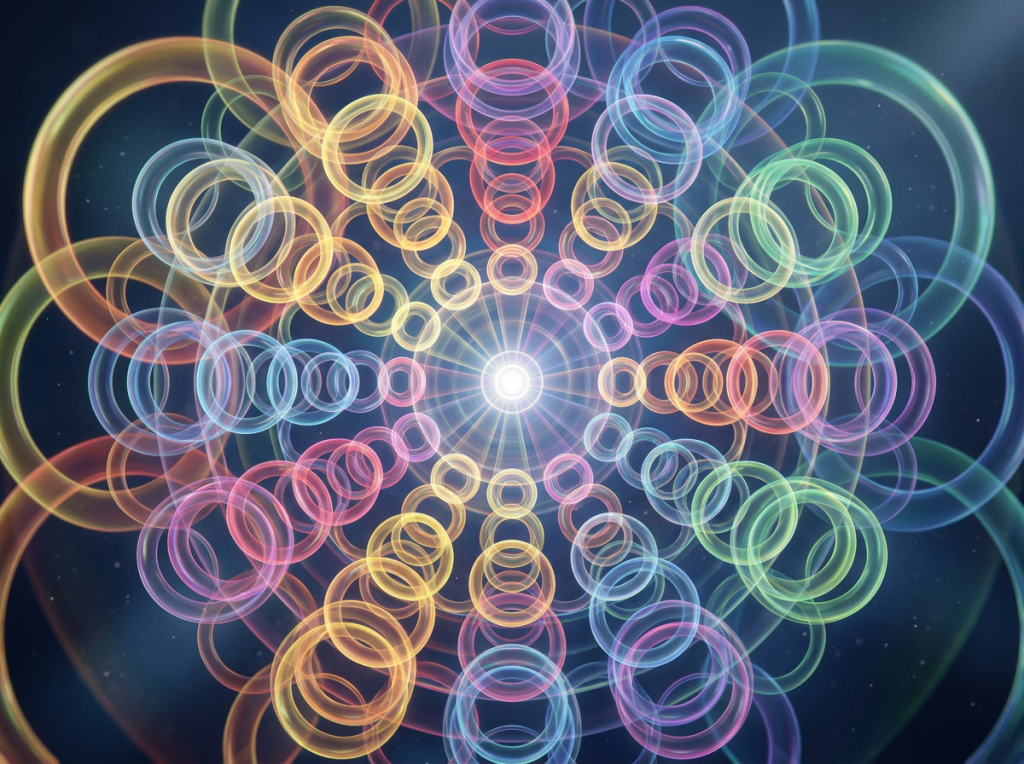 Radiant concentric circles in various colors expanding from a bright white center