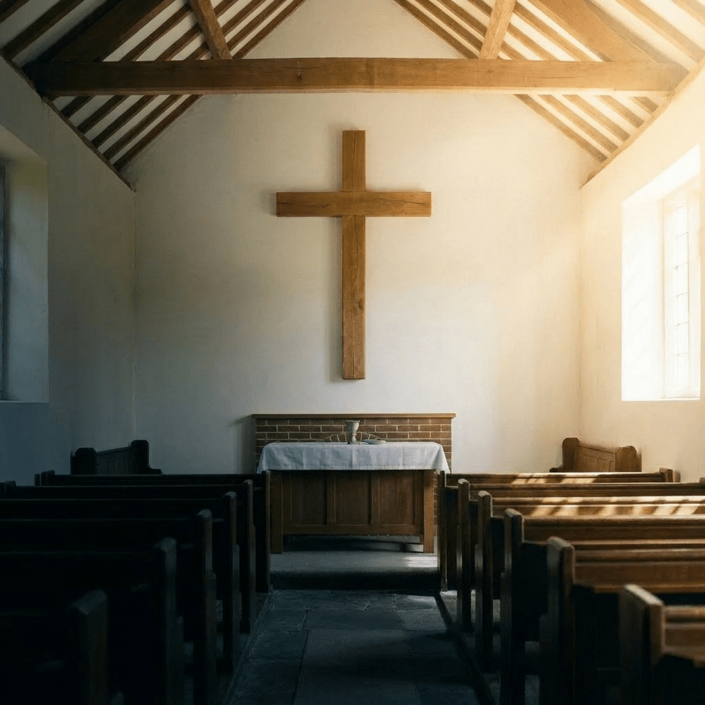 Interior of a small chapel with wooden pews, altar covered with white cloth, and wooden cross on white wall