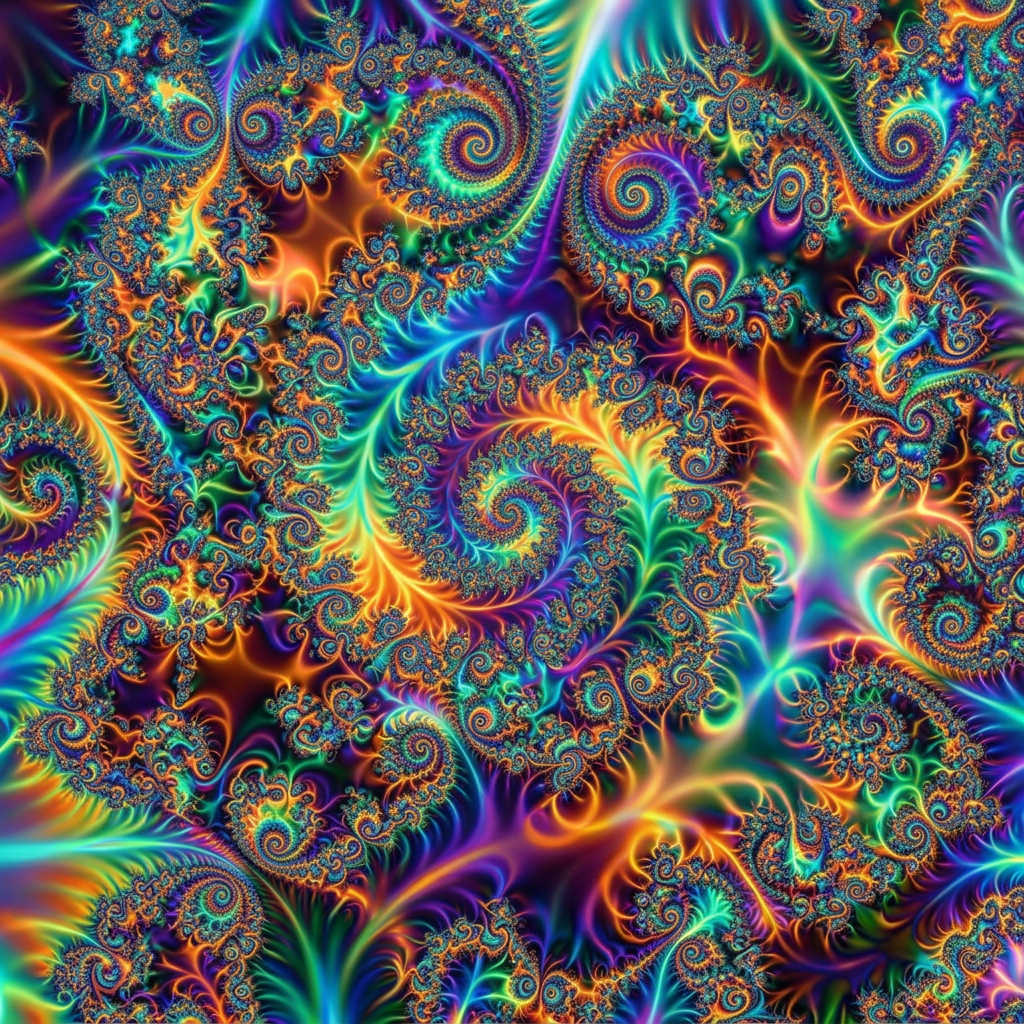 Colorful fractal spirals with glowing vibrant patterns in blue, green, orange, and purple