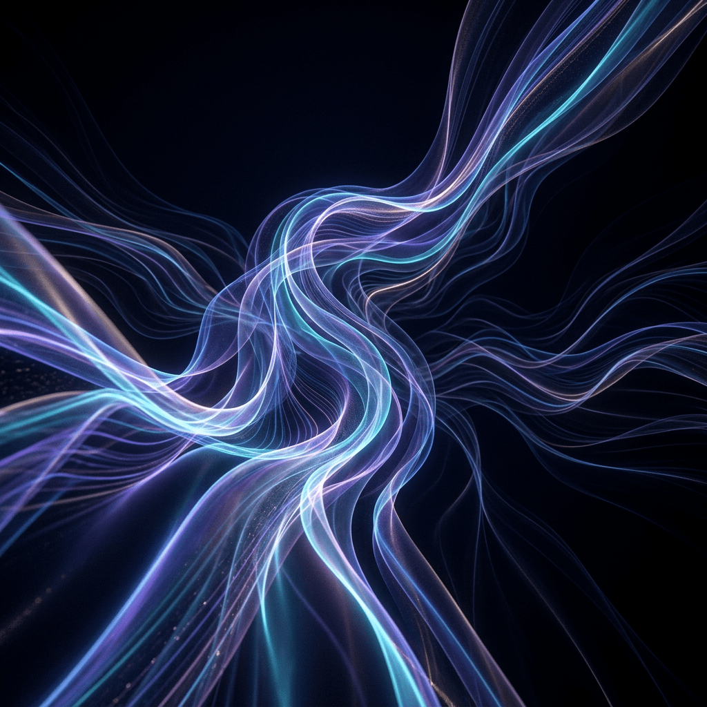 Intertwined neon light strands flowing dynamically on dark