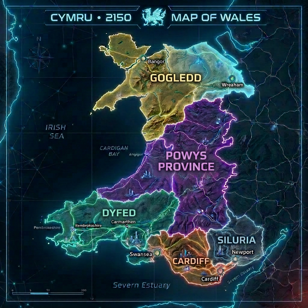 Map of Wales in 2150 divided into regions: Gwynedd, Clwyd, Powys, Dyfed, Gwent-Mor with major cities Bangor, Wreaham, Angigen, Pembrokeshire, Carmarthen, Swansea, Newport, Cardiff