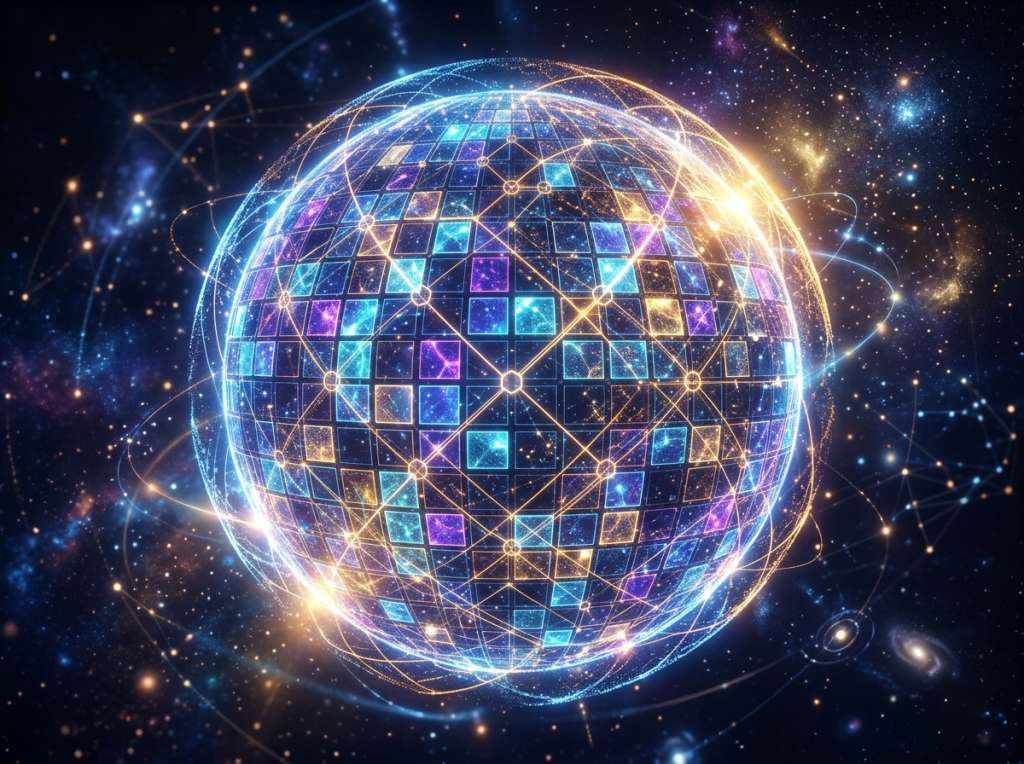 Glowing digital sphere with interconnected nodes and squares in space