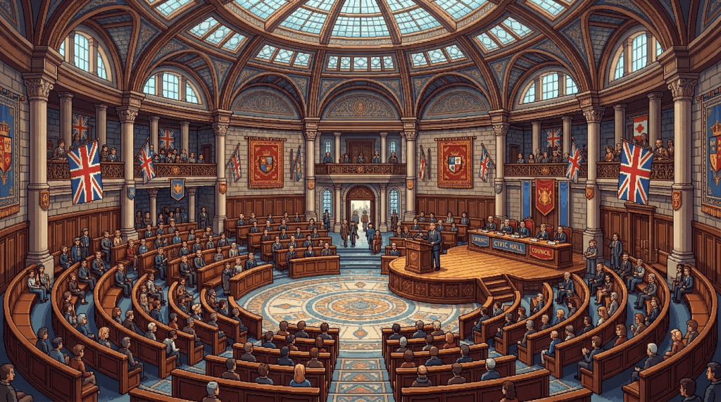 Council members seated in a circular chamber with a speaker at the podium