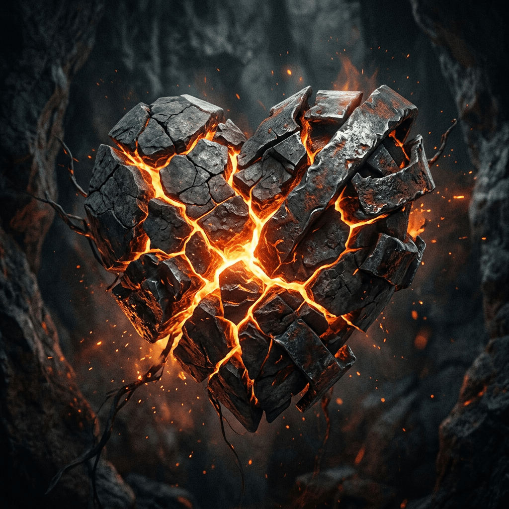 Heart-shaped cracked stone with glowing orange molten lava inside