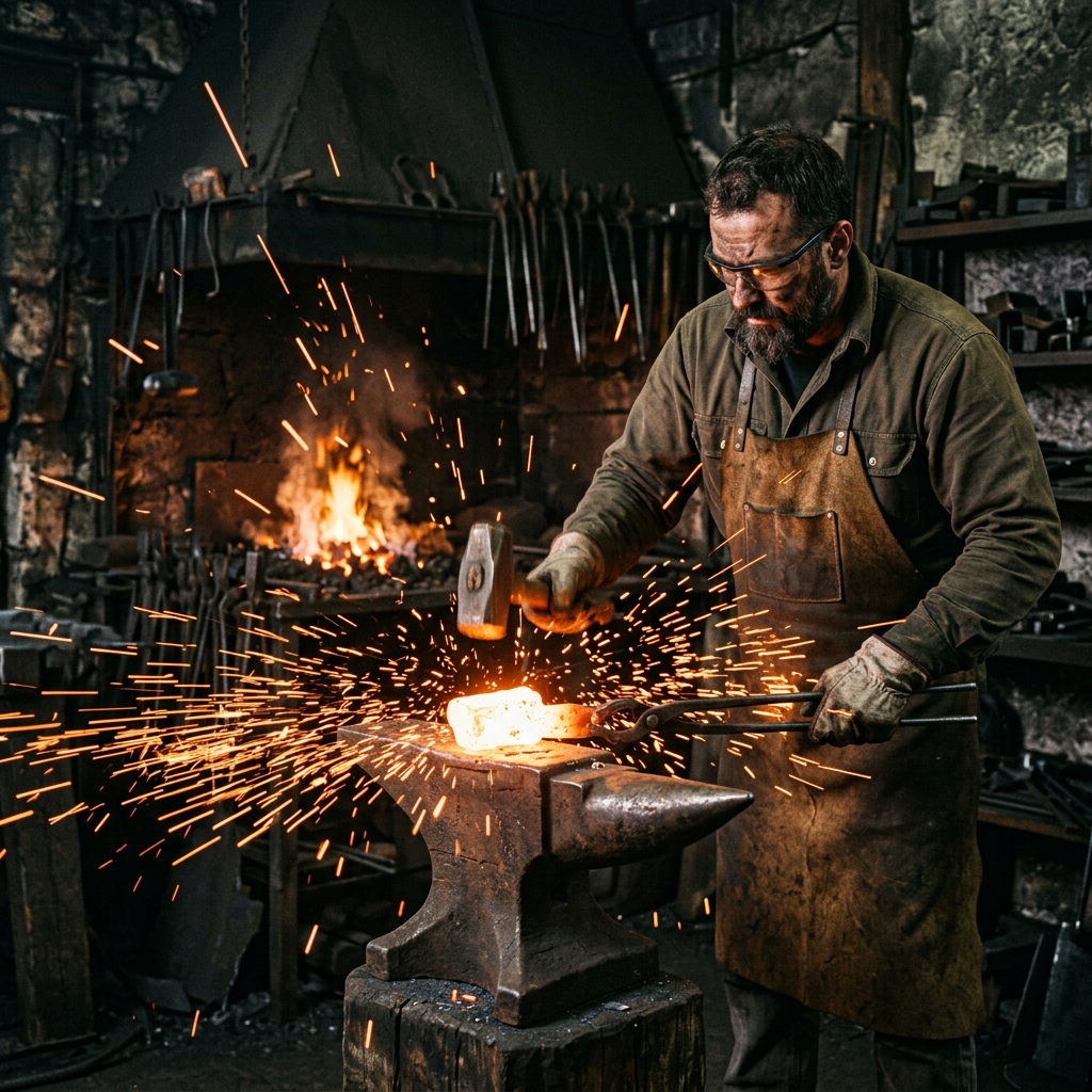 Blacksmith hammering glowing hot metal on anvil with sparks flying