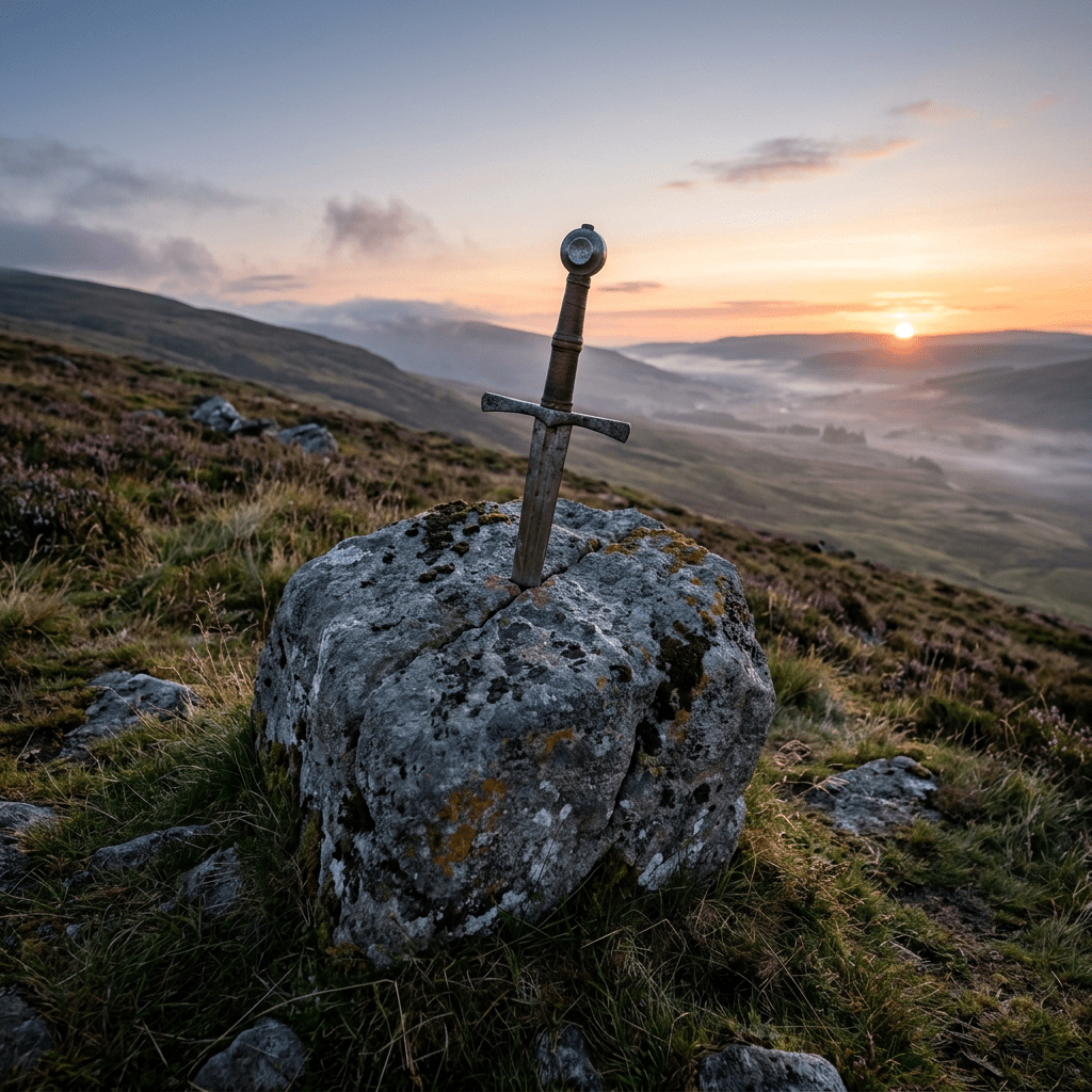Sword stuck into lichen-covered stone on grassy hillside with sunrise