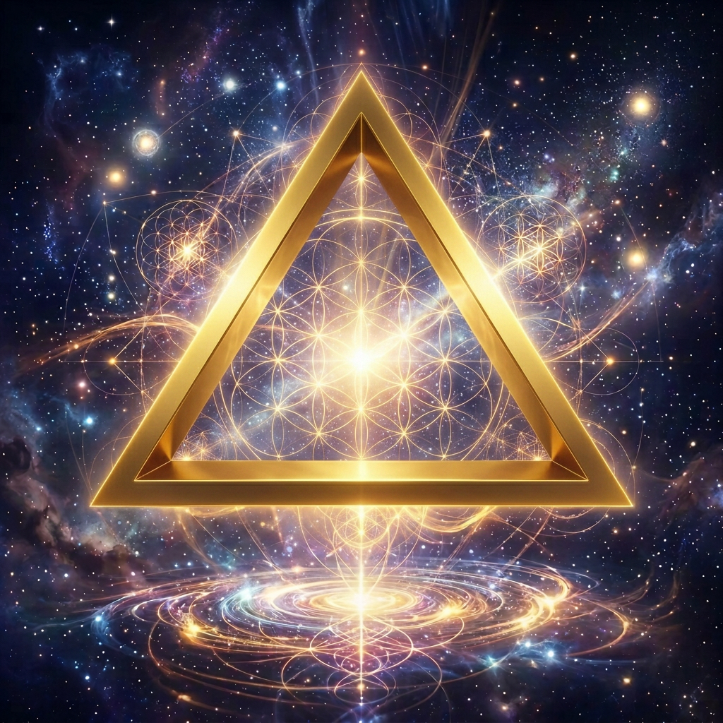 Golden pyramid with mystical geometric patterns and glowing symbols in space