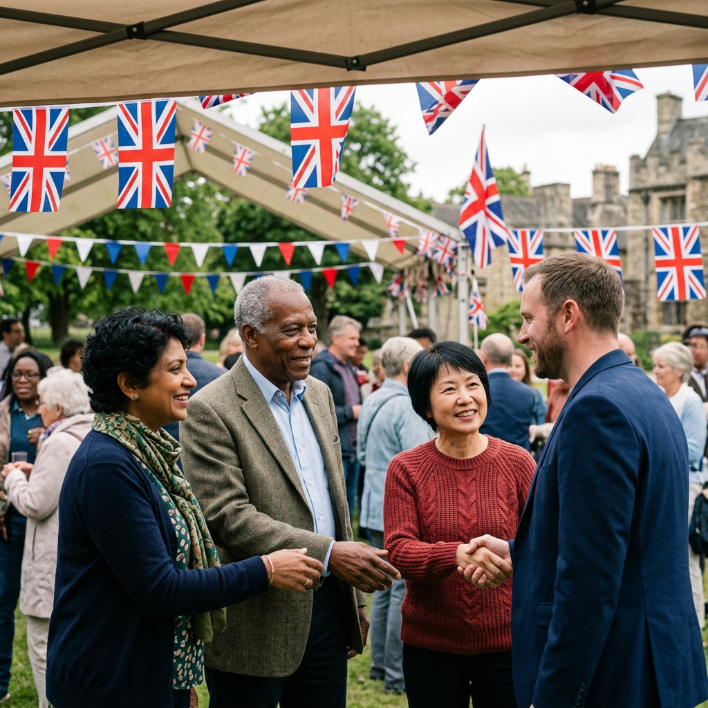 Diverse group greeting and shaking hands at outdoor British-themed event with Union Jack flags