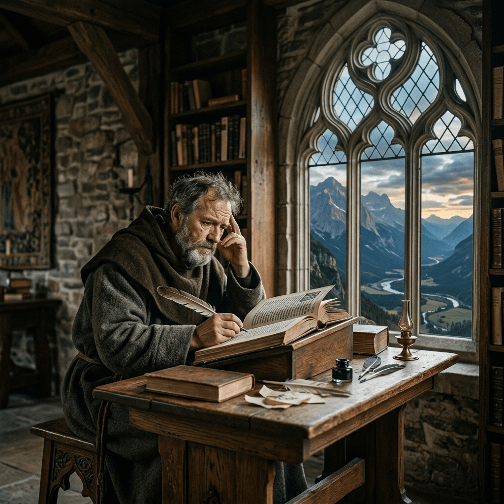 Elderly monk writing with quill pen at wooden desk in monastery study