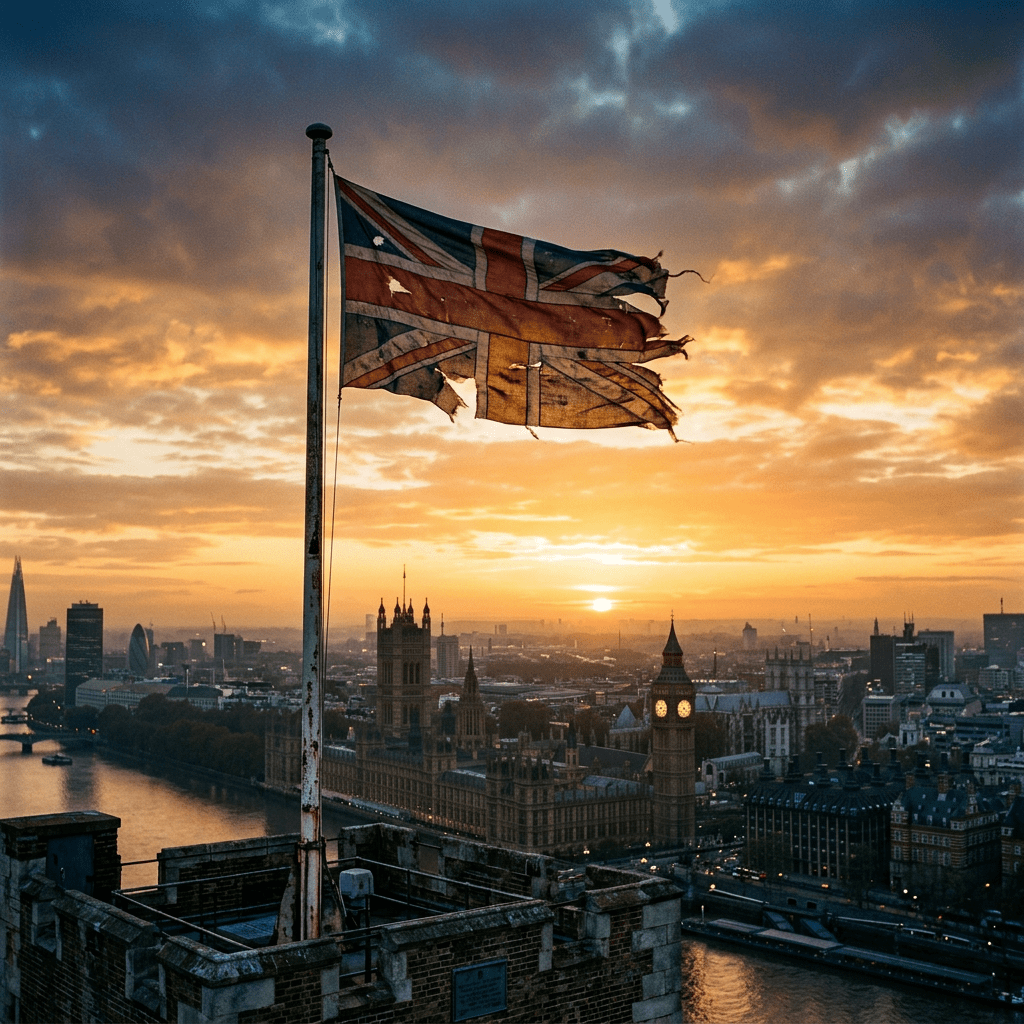 Worn Union Jack flag atop a building overlooking London with sunset and Big Ben