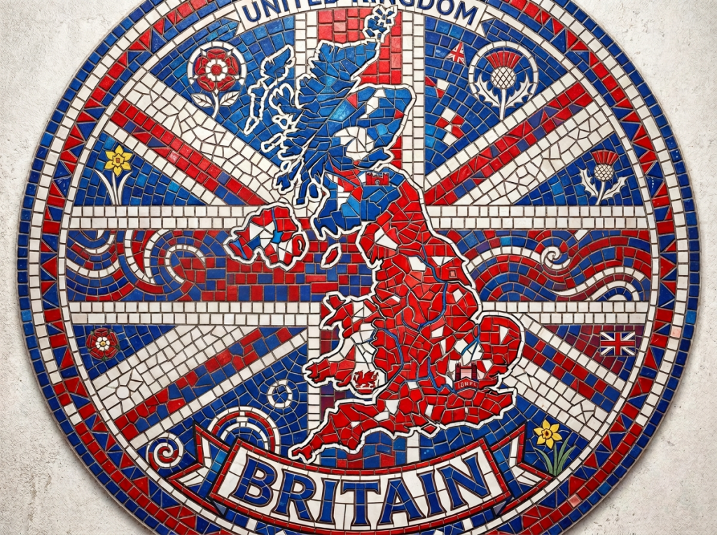 Mosaic map of United Kingdom with regional symbols over Union Jack background