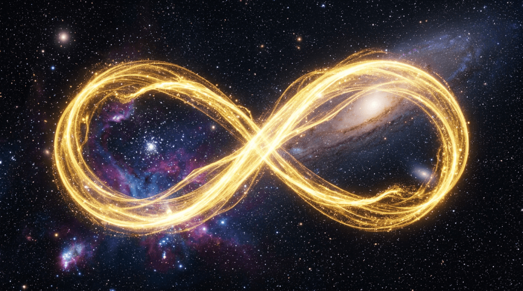 Golden infinity symbol formed by glowing trails across a star-filled galaxy