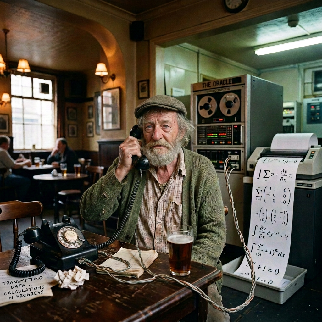 Bearded man drinking stout beside a vintage machine and mathematical printout