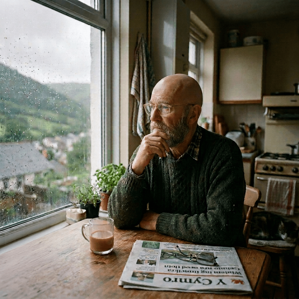 Man drinking coffee beside rainy window, newspaper titled Y Cymro on table