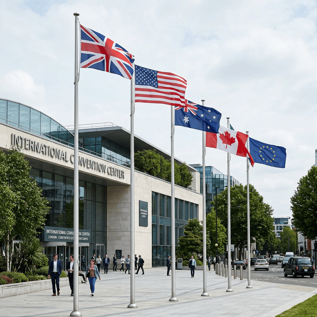 International Convention Centre with British, American, Australian, Canadian, and European Union flags