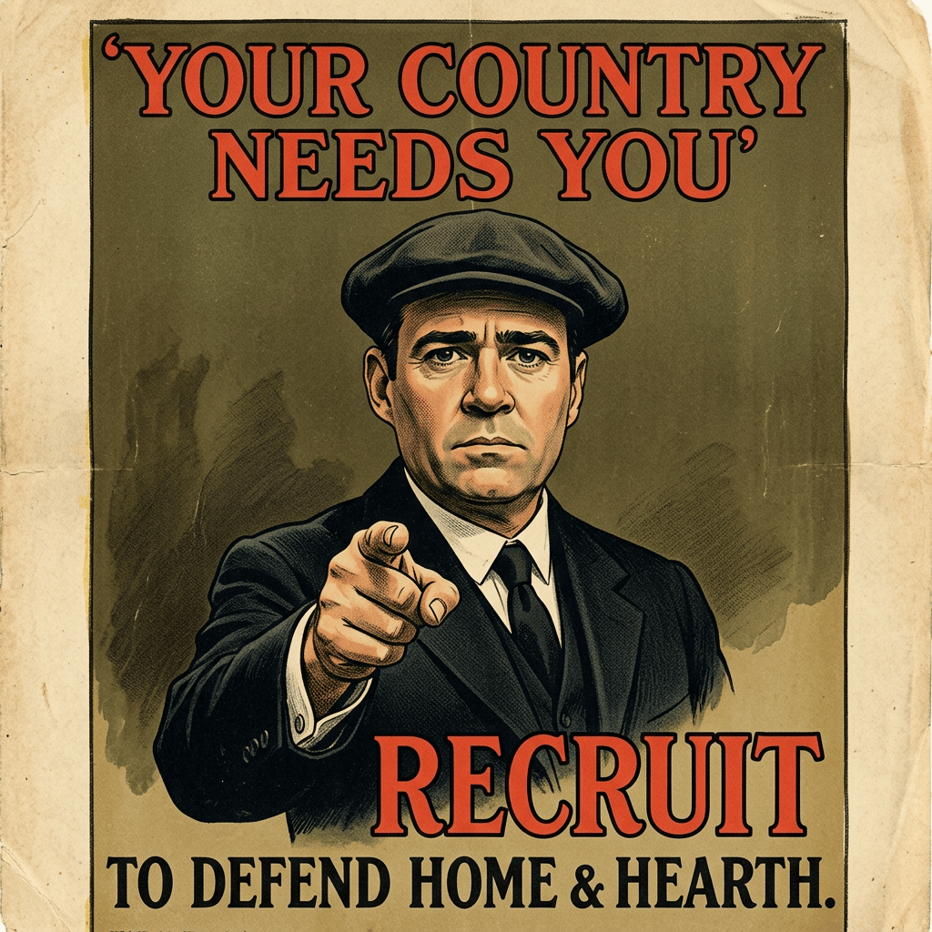 Poster reading “YOUR COUNTRY NEEDS YOU” and “RECRUIT TO DEFEND HOME & HEARTH”