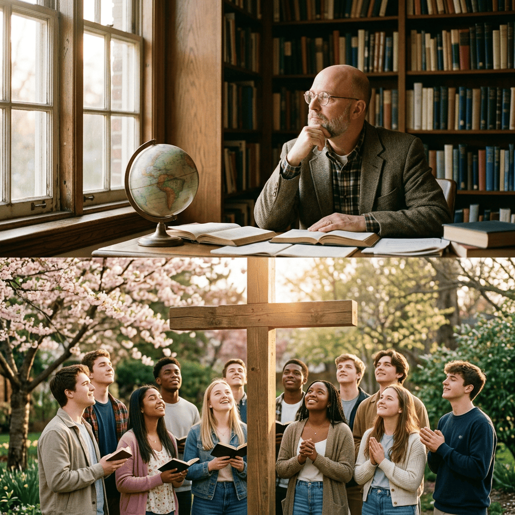 Scholar at desk above diverse group gathered around a wooden cross