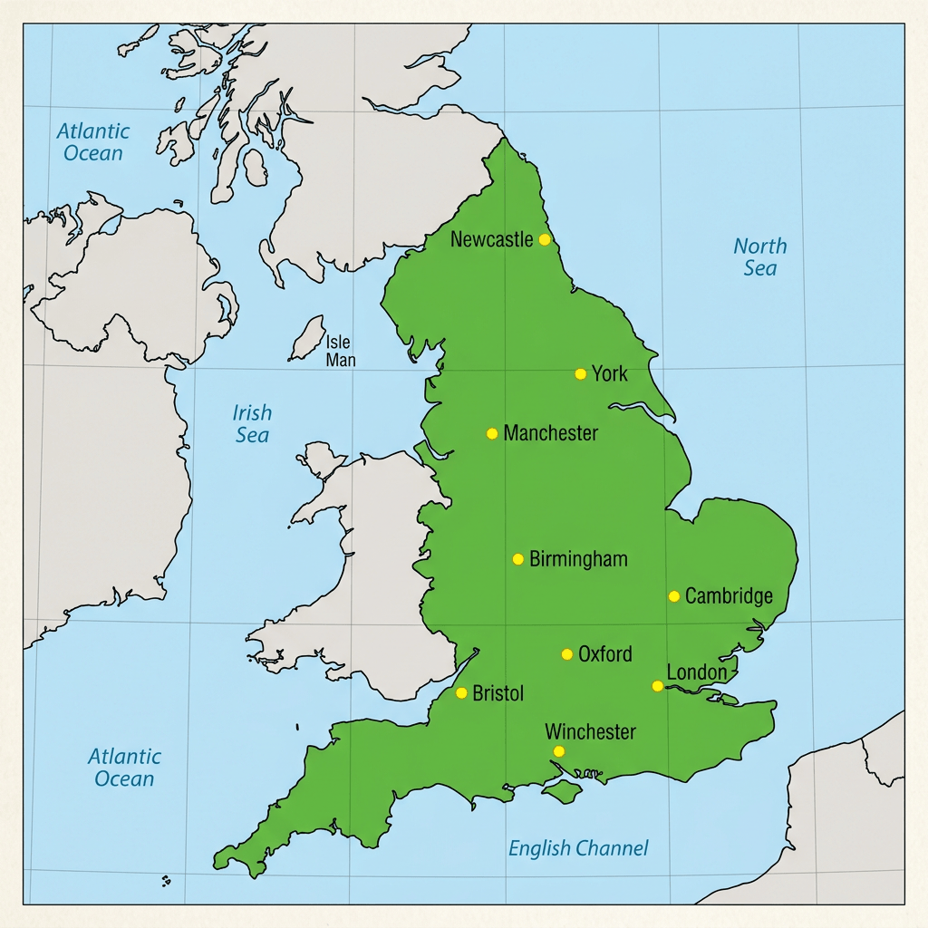 Map of England showing major cities and surrounding seas
