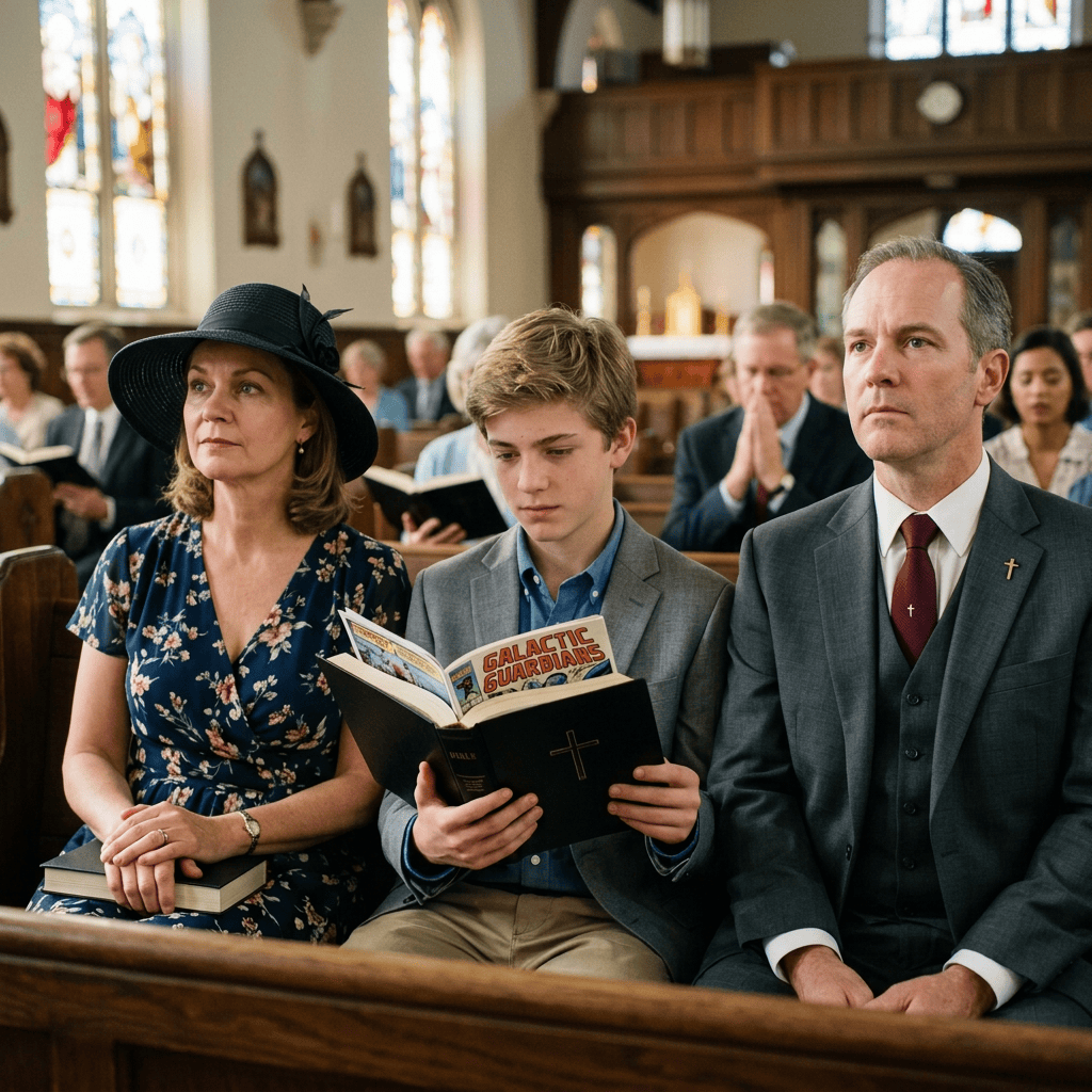Family reading a book labeled “GALACTIC GUARDIANS” inside a church