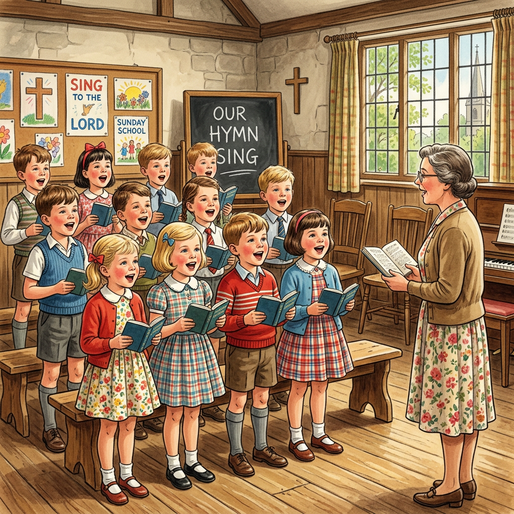 Children singing from hymnbooks with a teacher in Sunday school