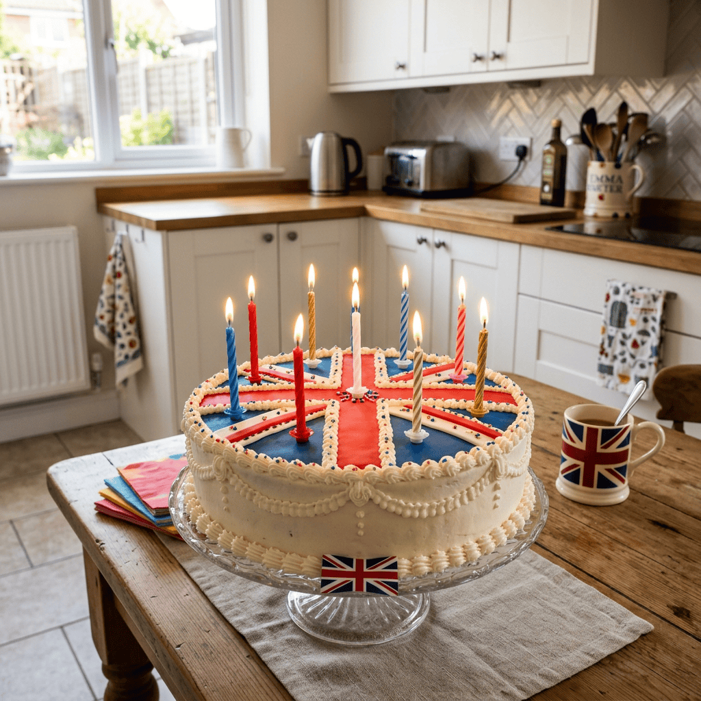 Union Jack cake with eight lit candles on a kitchen table