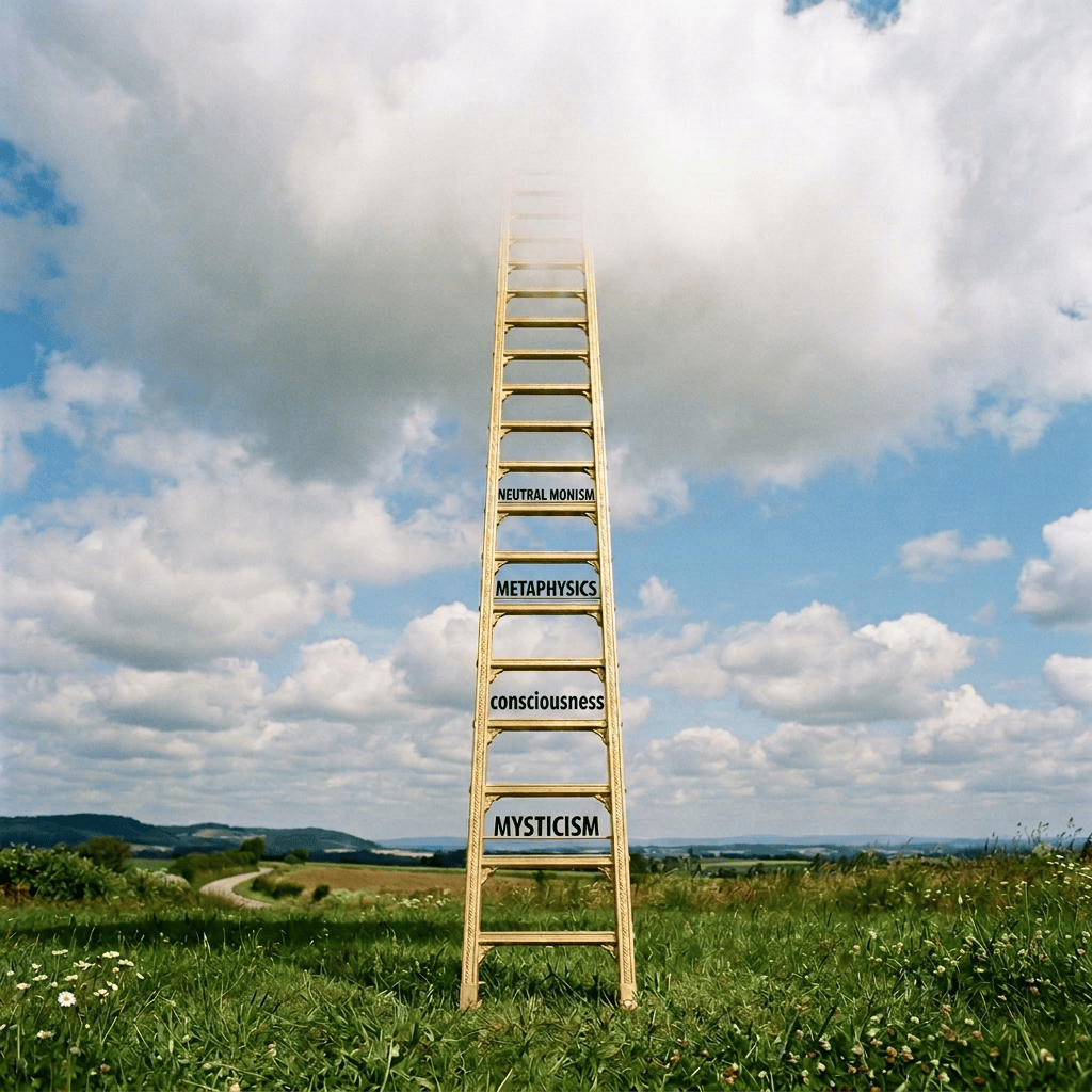 Golden ladder labeled “METAPHYSICS” and “MYSTICISM” in a meadow beneath clouds