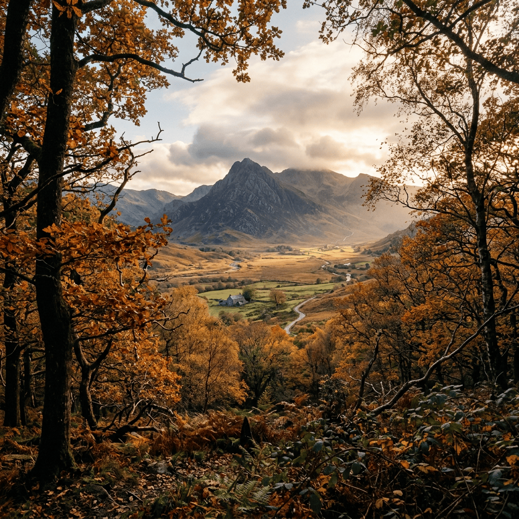 Welsh mountains beyond an autumn forest