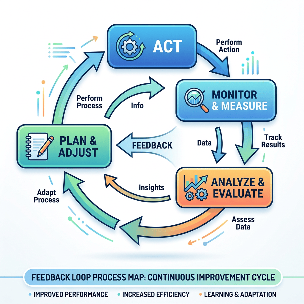 Continuous improvement cycle: Plan & Adjust, Act, Monitor & Measure, Analyze & Evaluate, with Feedback, Insights, Data, and process adaptation; Improved Performance, Increased Efficiency, Learning & Adaptation.