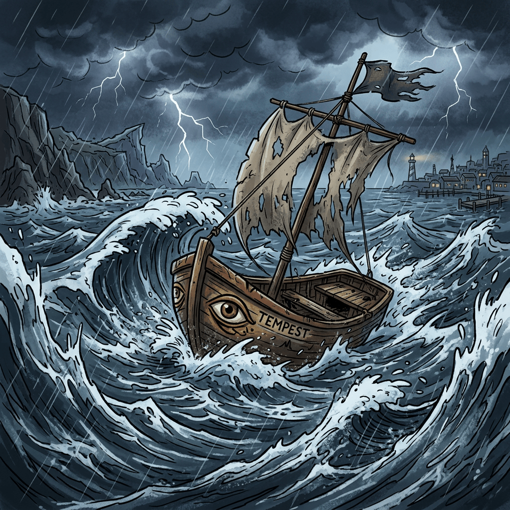 Sailing boat labeled TEMPEST battling waves during a lightning storm