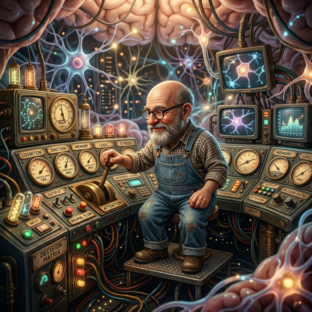 Bearded scientist operating a neural control console surrounded by glowing neurons and monitors