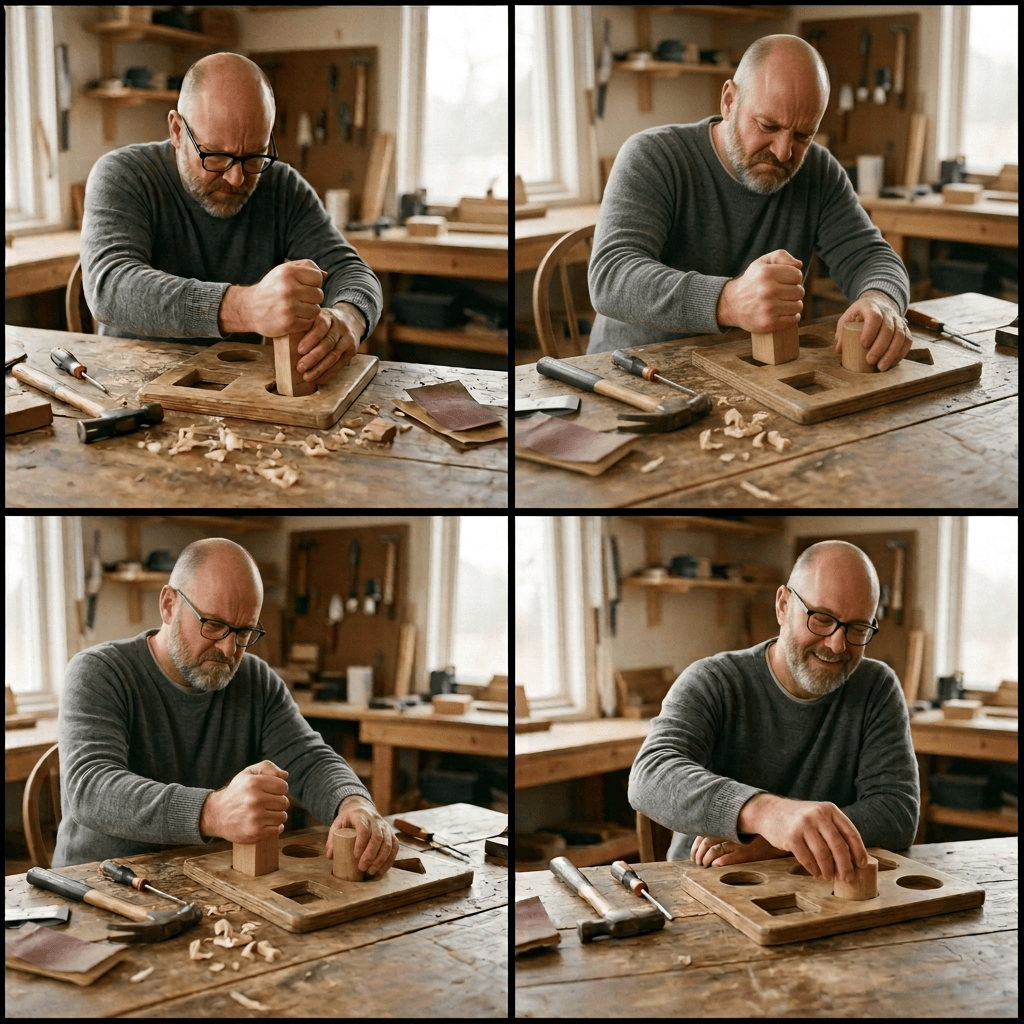 Four-panel sequence of a man assembling a wooden puzzle board